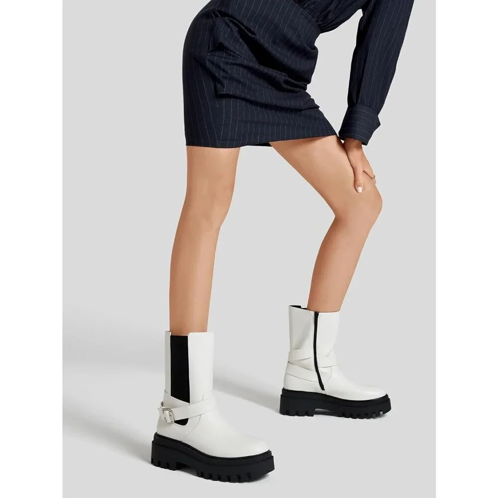 Women's White Chelsea Platform Boots Comfort Width Fall Winter Ankle Booties